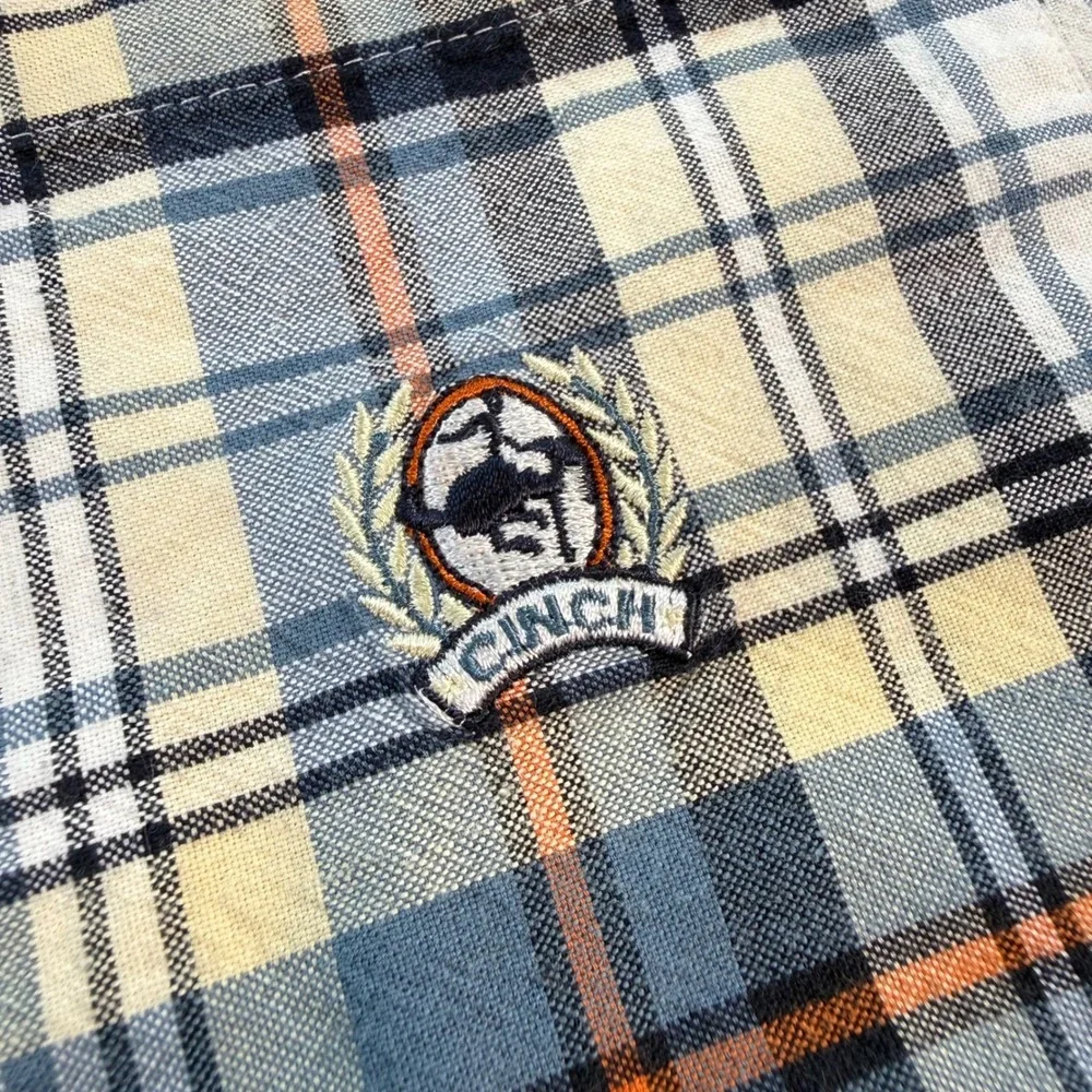 Cinch Mens Plaid Short Sleeve Button Down Western Shirt Blue Cream Orange Large